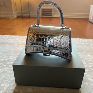 BALENCIAGA HOURGLASS HANDBAG CROCODILE EMBOSSED IN SILVER